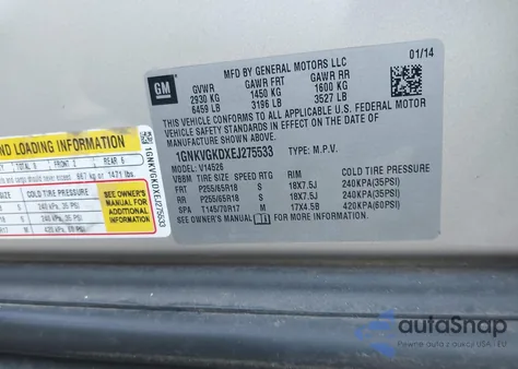 2014 Chevrolet Traverse 1Lt из США, поврежденный, VIN 1GNKVGKDXEJ275533